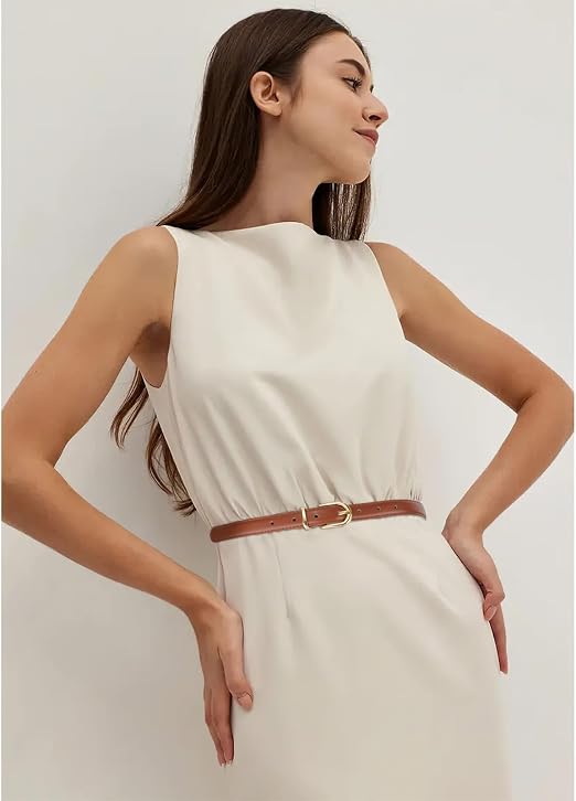 Women's Skinny Faux Leather Belt with Gold or Silver Buckle