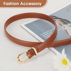 Women's Skinny Faux Leather Belt with Gold or Silver Buckle