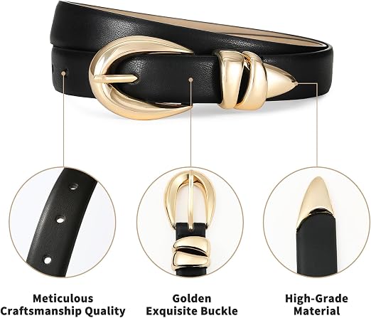 Women's Black Faux Leather Belt with Gold Buckle