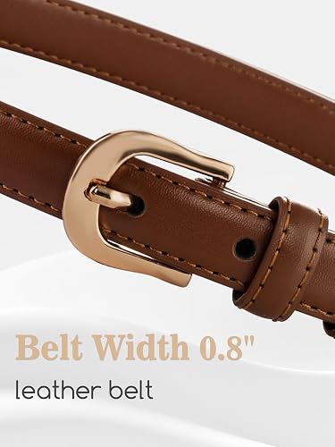 Women's Skinny Leather Belt with Gold Buckle | Thin Waist Belt